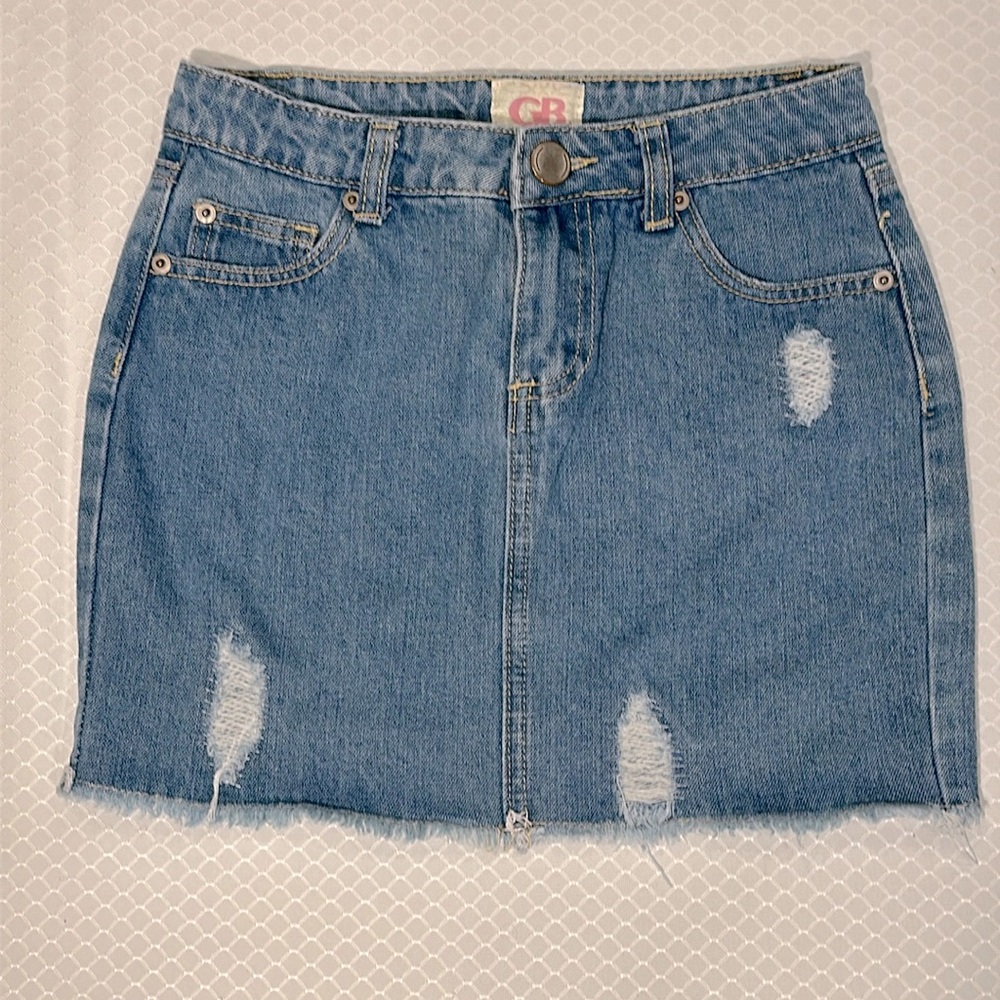 Dillards, GB Girls, Size M, denim skirt with frayed h and distressing, like new